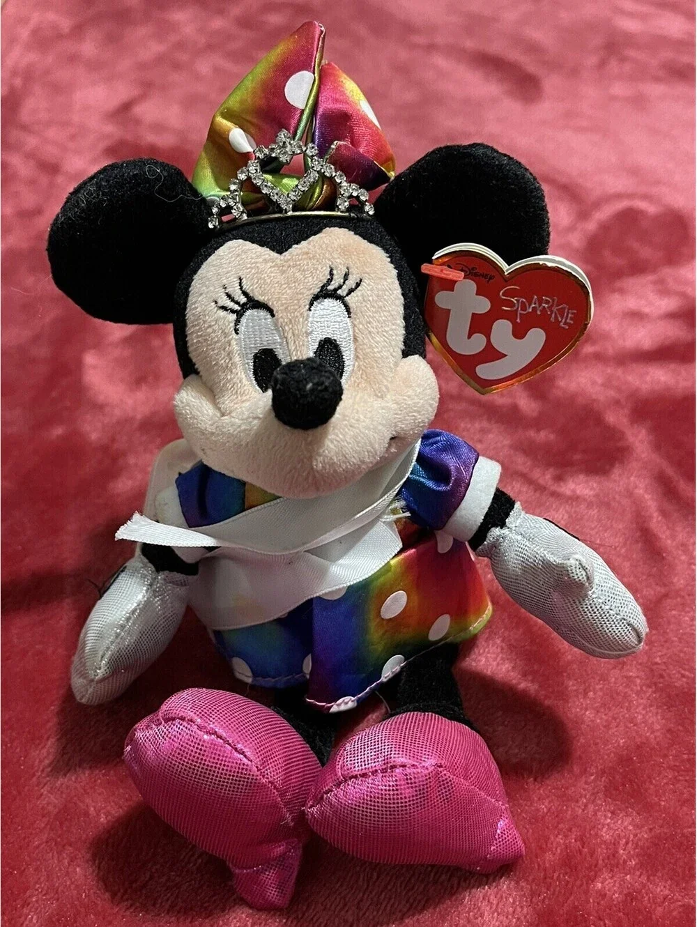 TY Beanie Babies Sparkle Minnie Mouse Disney Plush Rainbow Polka Dot Dress Tags
